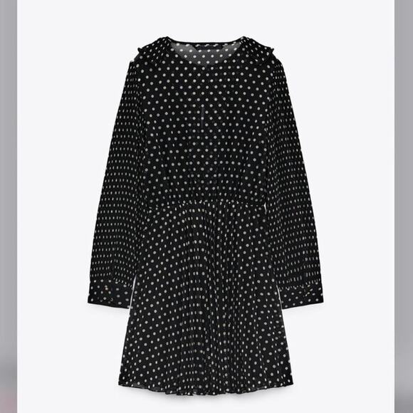 Zara Pleated Black Dress with White Polka Dot Printed Size Medium - Picture 8 of 9